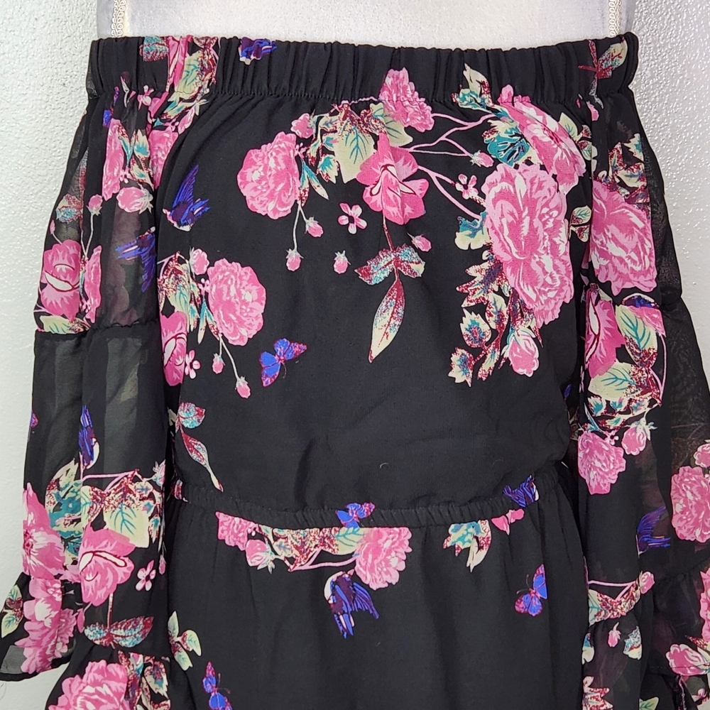 Hint Of Blush Black & Pink Floral Off The Shoulder Mini Dress Size Medium - Picture 3 of 12